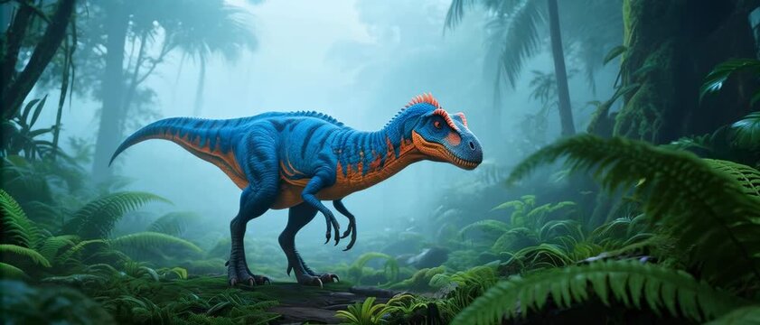 Prowling Action, Blue Striped Dinosaur, Misty Jungle, Digital Render, Lush Tropical Forest Environment, Low-Angle Ground Viewpoint, Prehistoric Predator Concept