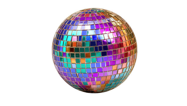 A spherical disco ball composed of small, reflective square tiles shimmering with rainbow colors - Powered by Adobe