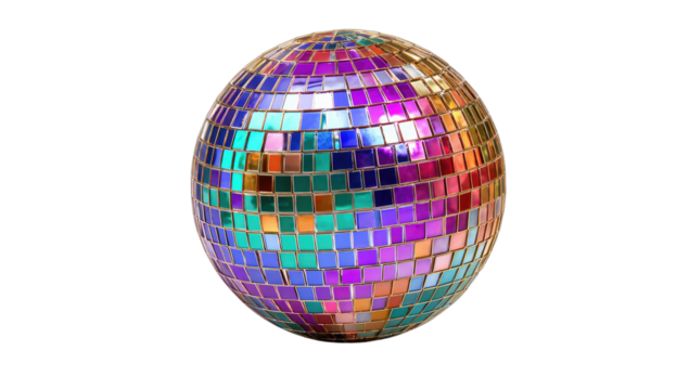 A spherical disco ball composed of small, reflective square tiles shimmering with rainbow colors
