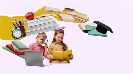 Promo video. Collage of kids exploring books and school supplies with curious mood on soft background. Concept of education, learning materials, childhood creativity, school content. - Powered by Adobe