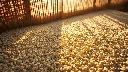 foolishness. Barley grains drying on a mat under soft, natural sunlight. menu design, packaging mockups, designed for culinary blogs and recipe cards for restaurants, used by account managers.