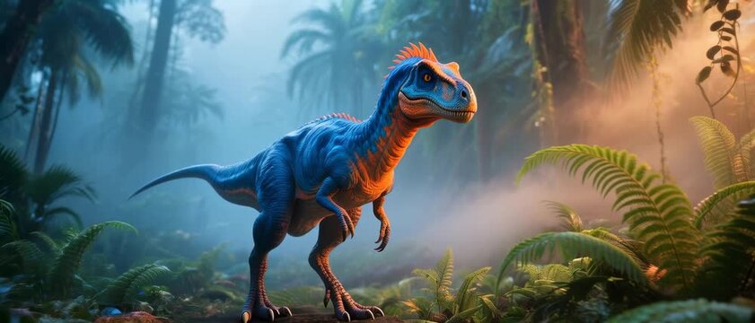 Prowling, Blue Parasaurolophus Dinosaur, Misty Jungle, Render Image, Tropical Forest Environment, Side Viewpoint, Prehistoric Adventure Concept