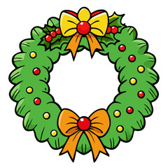 Illustration of a festive christmas wreath decorated with bows and colorful ornaments and holly berries
