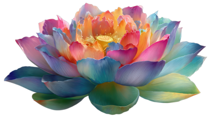 Vibrant lotus flower with petals in a rainbow of pastel colors
