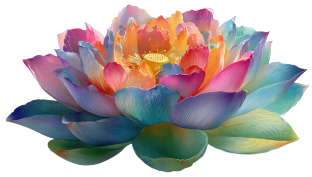 Vibrant lotus flower with petals in a rainbow of pastel colors