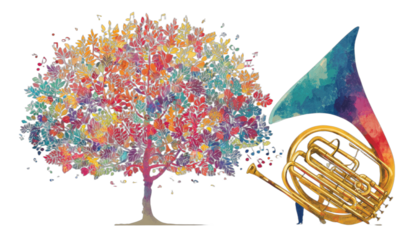 A vibrant, stylized tree with colorful leaves merges with a brass musical instrument