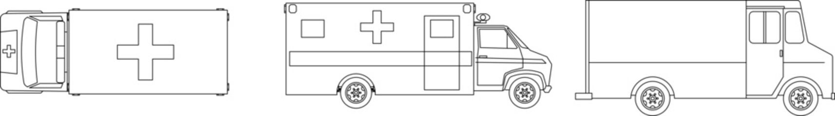 Technical vector drawing of an ambulance in top plan and side elevation view, next to a commercial delivery van.