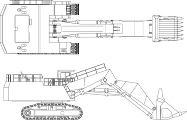 Technical vector drawing of a heavy tracked excavator or mining shovel in top-down plan and side elevation views.