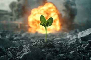 Tiny plant symbolizes hope and survival against backdrop of destruction and fire. Use this image for themes of recovery, environmental advocacy, and 