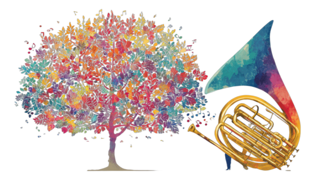 A vibrant, stylized tree with colorful leaves merges with a brass musical instrument - Powered by Adobe