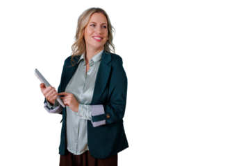 Confident businesswoman smiling, holding a tablet, managing business with success, transparent background for easy integration
