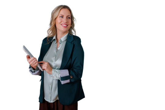 Confident businesswoman smiling, holding a tablet, managing business with success, transparent background for easy integration