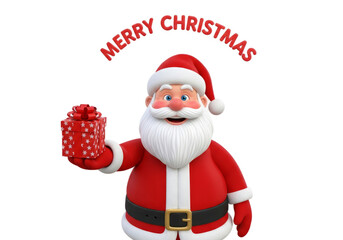 3D Santa Claus handing a wrapped present to a child, joyful expressions, neutral gray scene. On a transparent background