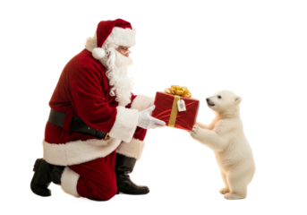 Santa Claus  giving a wrapped gift to a polar bear cub, both looking happy, soft playful atmosphere. On a transparent background.