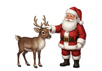 Santa Claus  standing next to a friendly reindeer, gently patting its head, warm smiles, festive mood.On a transparent background.