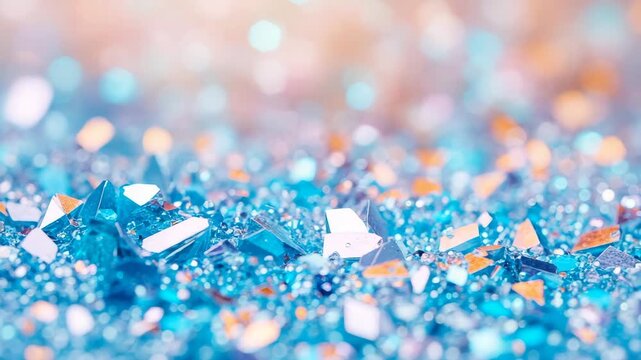 Sparkling field of brilliant azure crystal fragments illuminated by gentle pastel bokeh lights