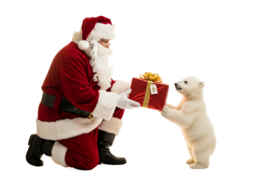 Santa Claus giving a wrapped gift to a polar bear cub, both looking happy, soft playful atmosphere. On a transparent background.