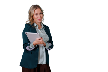 Professional businesswoman holding digital tablet, looking away with smile, standing on transparent background, technology concept