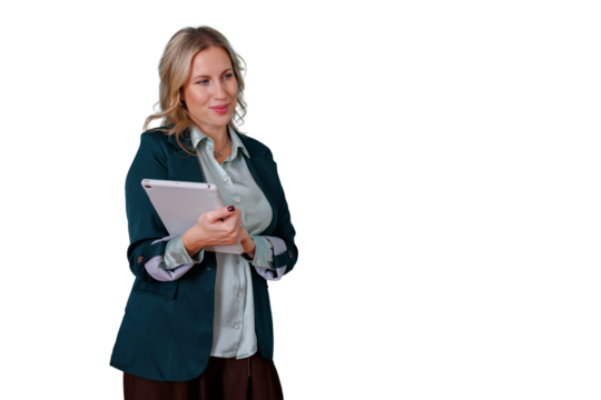 Professional businesswoman holding digital tablet, looking away with smile, standing on transparent background, technology concept - Powered by Adobe