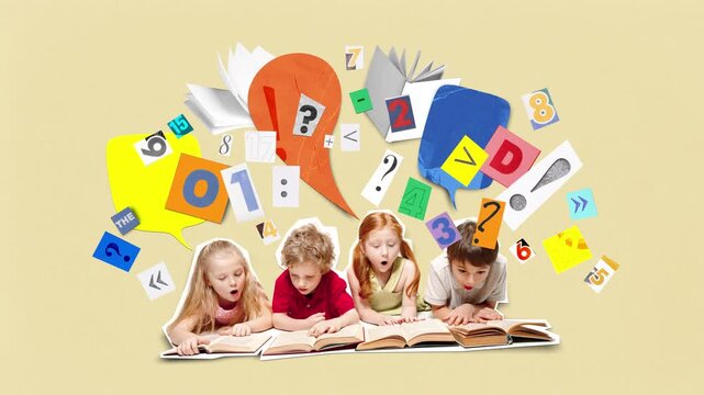 Loop animation. Collage of children reading books with expressive reactions surrounded by playful numbers on warm background. Concept of studying, childhood curiosity, math themes, education.