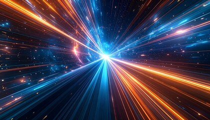 Abstract light streaks in blue and orange, converging to a bright point, create a futuristic, dynamic visual