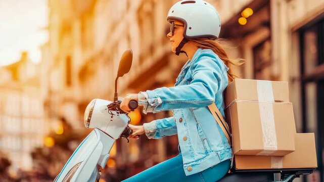 Dynamic urban courier navigating bustling city streets on sleek scooter, delivering multiple packages during radiant golden hour ride