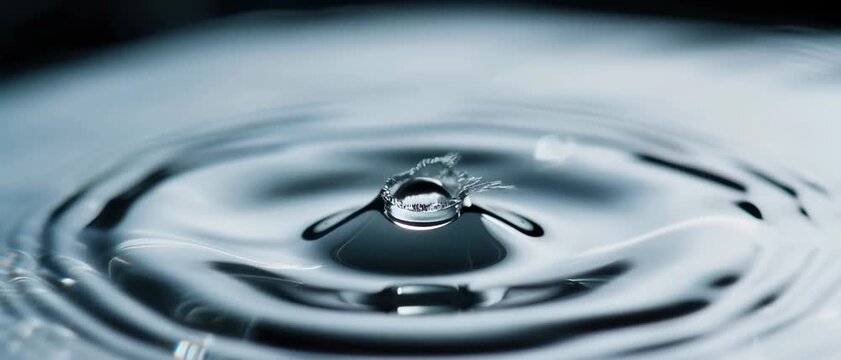 Water Droplet Impact, Ripples Forming, Dark Aquatic Surface, Macro Photography, Close-Up Viewpoint, Fluid Dynamics Concept