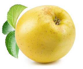 Ripe yellow apple and apple leaf on white background. File contains clipping paths.