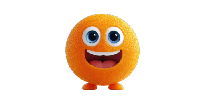 A happy, fuzzy orange character with big blue eyes and a wide smile