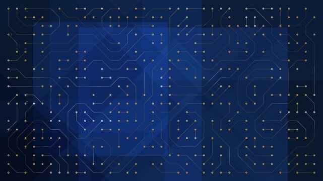 Circuit board seamless loop against slow motion dark blue abstract background featuring gold lines and dots creating electronic pattern