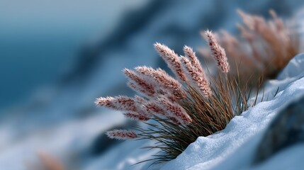 Fluffy Pampas grass or reed plant on a snowy mountain slope, soft winter light, cold landscape. Winter flora, macro, texture, frost, nature, background, fluff, solitude, cold.
