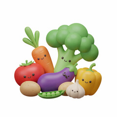 Cute 3D Cartoon Vegetables Healthy Food Group Isolated White Background