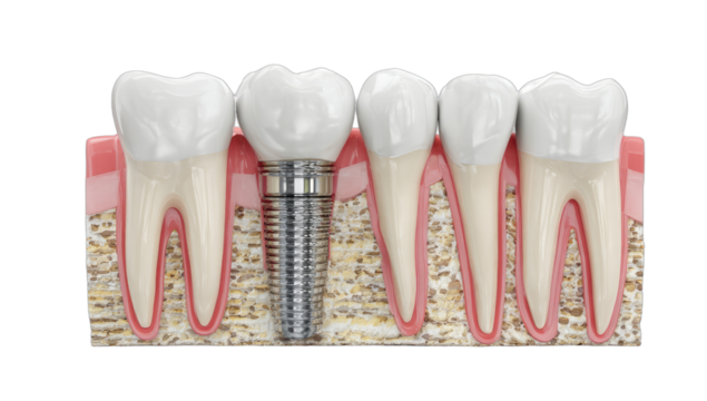 Anatomical illustration showcasing dental implant, neighboring teeth, and gum structure