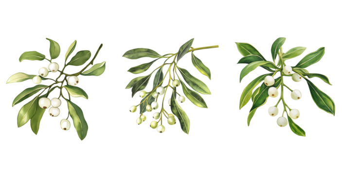Watercolor Mistletoe Set Isolated on Transparent Background. Watercolor Green Mistletoe Leaves and Berries Isolated PNG.