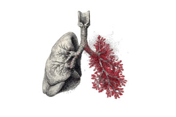 Anatomical illustration of human lungs, one side deteriorating into red particles