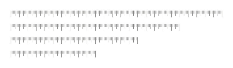 Ruler scale 100mm, 150 mm, 200mm and 250mm without numbers collection. Set of measuring chart with 10cm, 15cm, 20cm and 25 centimeters. Ruler scale template. Length measurement height, math, distance,