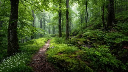Obraz premium Vibrant forest scene with towering trees, soft mist, and ferny understory in spring and summer