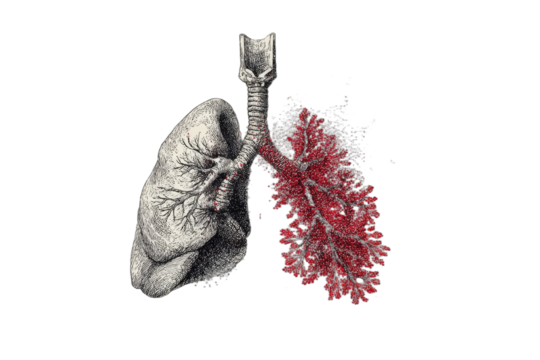 Anatomical illustration of human lungs, one side deteriorating into red particles