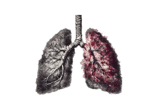 Anatomical illustration of human lungs, one healthy, one diseased and inflamed