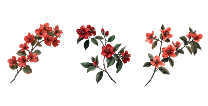 Red Flower Branch with Dark Green Leaves Set Isolated on Transparent Background. Decorative Red Flower and Leaf Branch Collection PNG.