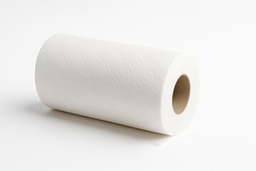 Fototapeta premium Paper towel roll on white background lying on side with torn perforated edge facing camera eye level side view for household cleaning themes