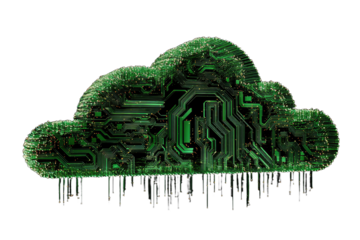 Digital cloud formation with intricate circuitry, data flow