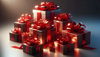 Black silver gift boxes with red ribbons, festive holiday presents. AI Generated, Generative AI