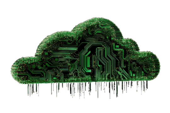 Digital cloud formation with intricate circuitry, data flow
