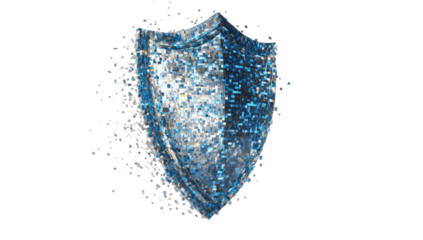 Digital shield fragmenting into light particles on black background