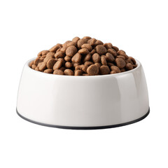 A white bowl filled with dry, brown kibble on a dark background