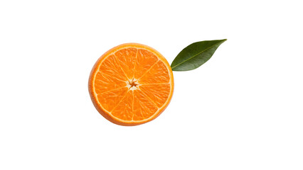 Small Round Orange Slice with Attached Green Leaf. Isolated on transparent background, PNG.
