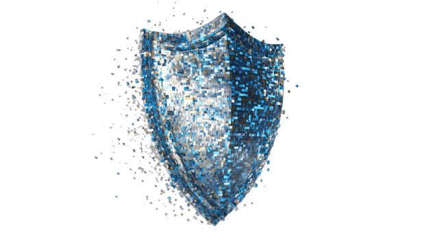 Digital shield fragmenting into light particles on black background