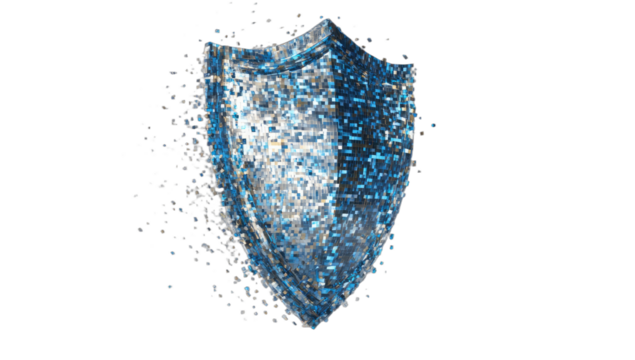 Digital shield fragmenting into light particles on black background