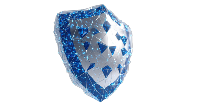 Futuristic digital shield with glowing blue geometric network structure